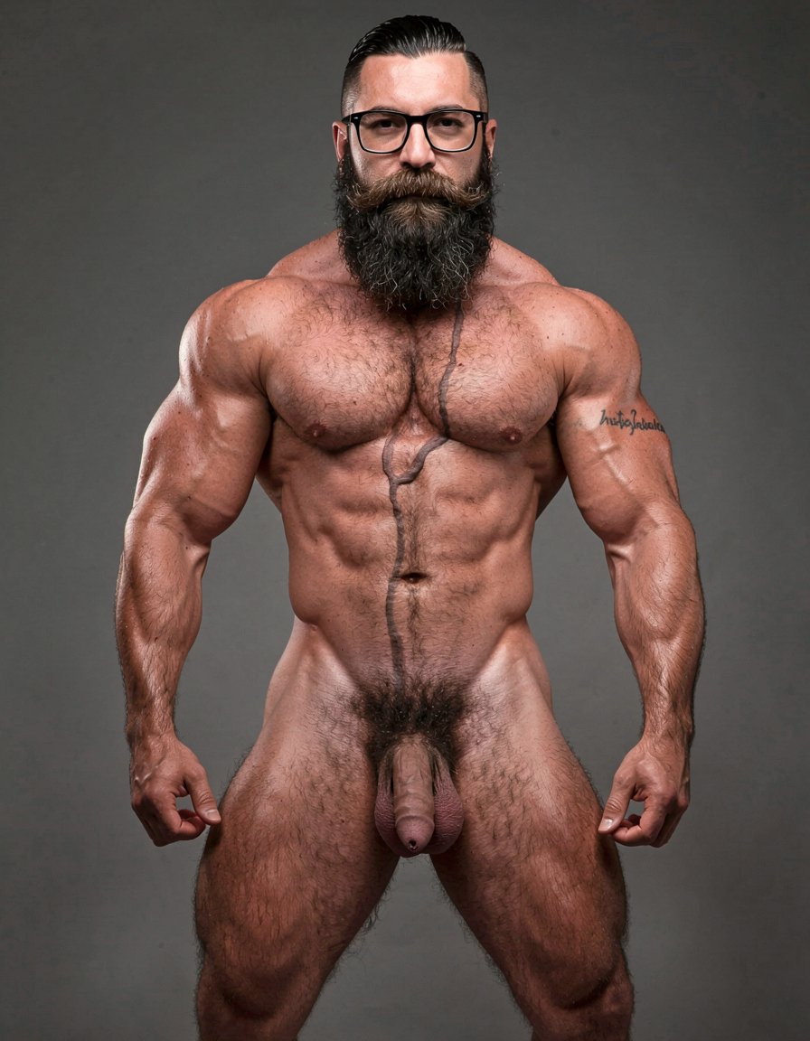 A highly detailed full-body nude photograph of a 40-year-old dominant muscle bear named Hipsterbarba, standing confidently in a well-lit studio with dramatic lighting that accentuates every muscle. He is 180cm tall, 80kg with 8% body fat, extremely muscular and symmetrical. Massive rounded hairy pecs with clear separation and dark pointed nipples, shredded six-pack abs with deep cuts and visible obliques forming a strong V-taper, wide shoulders, vascular arms, huge quads and defined legs. Very dense black masculine body hair covering his chest, running down in a thick treasure trail to a very bushy dark pubic area. He has a perfectly groomed long Bandholz beard that reaches mid-chest, thick mustache with curled upward spiral ends, modern high fade undercut hairstyle, black hipster glasses, and a small tattoo on his right bicep that reads 