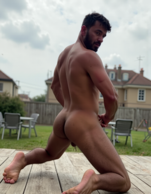 Bruno hombre. Bruno hombre es español de 32 años, cuerpo atlético musculoso pero delgado, abdominales marcados, torso completamente cubierto de vello oscuro denso, pecho peludo, brazos velludos, piernas con vello abundante, barba espesa negra perfectamente recortada, pelo negro ondulado corto despeinado, piel bronceada mediterránea, completamente desnudo, polla grande gruesa erecta con prepucio retractado, testículos grandes colgando, venas visibles en la polla, pubis muy peludo natural, muslos musculosos separados, de rodillas en suelo de madera, espalda arqueada ofreciendo el culo respingón hacia la cámara, mirando por encima del hombro con expresión lasciva y masculina, luz natural cálida de cielo con nubes blancas y suelo de hierba verde con estufas masculinas de fondo desenfocado, sombras marcadas resaltando músculos y curvas del cuerpo, fotografía hiperrealista 8K, estilo retrato íntimo.