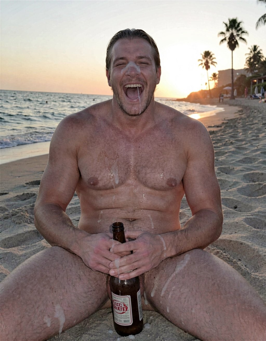 A smiling, wet man is sitting on the sand of a beach at sunset, shirtless, with his legs open and a beer bottle held with both hands in front of his crotch. His hair is slicked back, his mouth open in laughter, and there are traces of sand or white foam on his chest, arms, and thighs, conveying a spontaneous and festive scene by the sea. In the background, the shoreline with gentle waves, a warm sunset sky, silhouettes of palm trees, some people walking, and coastal buildings can be seen, creating a summery, relaxed, beach atmosphere.