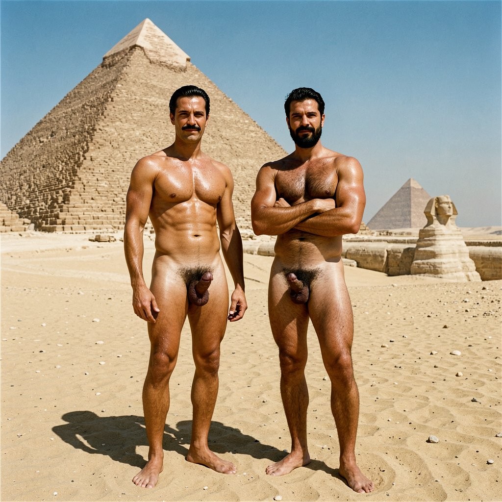 Full-body photograph of two naked men standing at the base of the Great Pyramid of Giza, Egypt, 1938. Midday desert sun. Perfect full-body composition from bare feet on the sand up to the tops of their heads. Zero deformations.

Foreground left: Errol Flynn, 30 years, 1.86 m, 80 kg, lean athletic build, smooth hairless golden-bronze torso glistening with sweat, arms hanging loosely at his sides, jet-black hair slicked back with brillantina, thin black mustache, confident expression. His uncircumcised semi-erect cock hangs naturally, foreskin partially retracted, dense black pubic hair.

Foreground right: Masri, 30 years, 1.72 m, 75 kg, compact dense build, arms crossed over his thick hairy chest, olive-cetrina skin dark and oily with sweat, thick black beard and mustache, proud expression. His circumcised semi-erect cock hangs forward over his heavy testicles, thick shaft, dense black pubic diamond.

Both men face the camera, standing on the sandy plateau, relaxed but proud poses, bodies fully lit by the sun.

Background: The Great Pyramid of Khufu (Keops) rises behind them to the left, massive stepped blocks of yellowish limestone stretching up toward the blue sky. To the right at a distance, the Pyramid of Khafre (Kefrén) with its white casing still visible at the top. Further right and smaller, the Pyramid of Menkaure (Micerinos). The Sphinx visible lower in the distance. Empty desert horizon, no other tourists. Sand dust in the air.

Hyperrealistic photography, extreme detail on muscles, chest hair, sweat, cocks, skin texture, limestone blocks, dramatic desert lighting, film grain 1930s, zero deformations, natural lighting.