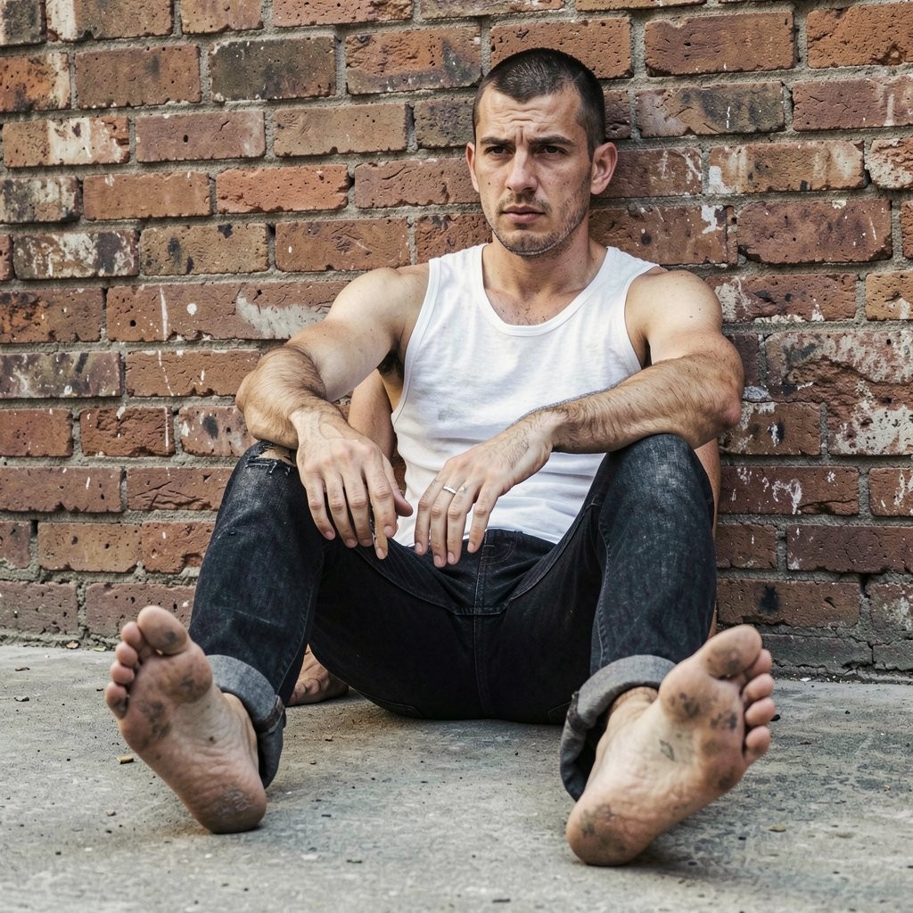 A man with a shaved head and a serious expression is sitting on the concrete floor, leaning against a worn and stained brick wall. He is wearing a white tank top and dark rolled-up jeans, with his legs spread toward the camera and his bare feet in the foreground, visibly dirty on the soles. His arms rest on his knees, showing a tired, introspective, or defiant posture. The urban, rough, and neglected setting, with the texture of old brick and rough pavement, reinforces a raw, streetwise, and realistic atmosphere.