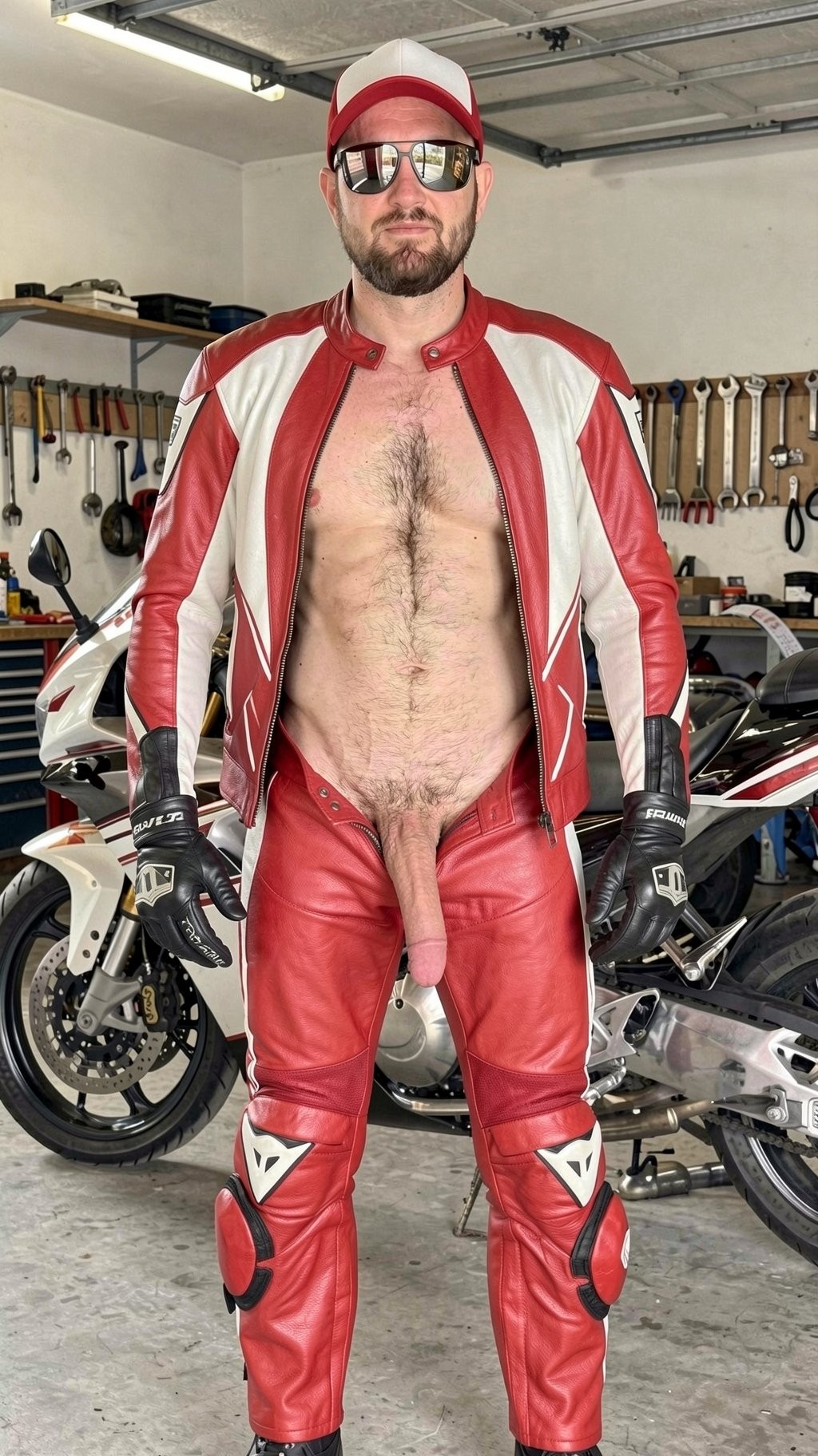 Man standing in a garage or mechanic's workshop, dressed in a red and white leather motorcycle suit completely open at the torso and crotch, leaving visible his hairy chest, abdomen, pubis and penis. He wears a red and white cap, dark sunglasses, a short beard and black motorcyclist gloves, with a frontal and firm posture. On both sides appear white and black sport bikes, tools hanging neatly on the wall, wrenches, workbenches and an atmosphere clearly associated with motorcycle maintenance, biker leather, racing gear and a provocative aesthetic inside a garage.