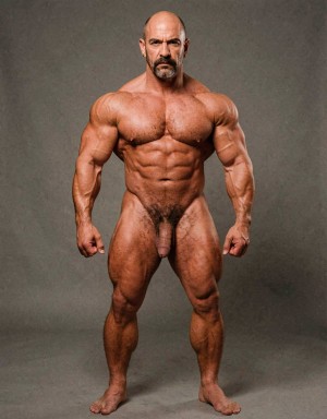 Mike Morris, the 32-year-old Caucasian bodybuilder with an athletic and extremely defined muscular physique, stands at full attention in a strict military pose, feet together, legs straight, back rigidly upright, shoulders back, chest thrust forward, arms at his sides with fists clenched, and head held high looking straight ahead with a serious, almost threatening expression. Full body shot from the tips of his toes to the top of his bald head. He is completely naked. His advanced Norwood III-IV male pattern baldness is clearly visible, with a shiny tanned scalp on top, short dark brown hair only on the sides and back. His square, angular face with strong jaw, prominent cheekbones, thick dark handlebar mustache, heavy brows, and intense deep-set brown eyes under slightly hooded lids stares forward with firm authority. His massive square pectorals are pushed out, dark brown chest hair forming a dense classic T-pattern down the sternum and spreading across his wide six-pack abs. Small dark nipples sit low on the pecs. A trail of dark hair leads to an extremely dense, thick, curly dark brown pubic bush that climbs almost to his navel. His heavy 14 cm flaccid cock hangs thick over large, low-hanging hairy testicles, the skin of the shaft noticeably lighter than his tanned body. Powerful veined forearms, developed traps flowing into delts, defined quads with visible separation, diamond-shaped calves, and hairy feet complete the figure. Warm directional studio lighting from above and slightly to the side creates sharp highlights on his oiled skin, deep shadows that accentuate every muscle fiber, the texture of his dense body hair, and the contrast between his tanned body and lighter genital area. Photorealistic, 1970s Colt Studio aesthetic, high contrast, masculine and commanding presence, grainy film texture.