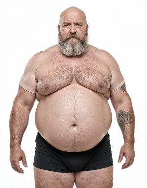 Un anciano calvo con barba bigote grueso y expresión severa, tiene un cuerpo obeso con una prominente barriga, UNOS PECHOS ENORMES,LUCE UN SLIP CON EL MIEMBRO GORDO