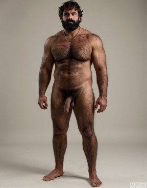 PEDRO de cuerpo entero 8K de hombre mediterráneo muy masculino y muy delgado pero musculoso está de pie, textura de piel natural híper realista, cara geométrica brutal con mandíbula cuadrada pesada, pómulos altos anchos, barbilla prominente con hoyuelo, ojos oscuros marrones profundos hundidos con cejas gruesas densas, nariz grande puente ancho recto forma griega, bigote morsa negro denso espeso cayendo en extremos cubriendo labio superior completamente, pelo negro rizado voluminoso desordenado, cuello grueso de toro con nuez prominente, pecho ancho cubierto vello negro rizado denso, pectorales voluminosos definidos con surco central profundo, cadena dorada colgando en surco pectoral, pezones oscuros marrón rojizo areolas anchas, abdominales six-pack marcados, vello corporal abundante formando trail oscuro vertical desde pecho hasta entrepierna, brazos musculosos gruesos con venas marcadas deltoides prominentes bíceps grandes tríceps herradura cubiertos vello negro, manos grandes dedos gruesos nudillos prominentes pelo dorso manos, piernas musculosas cuádriceps voluminosos muslos gruesos cubiertos vello negro denso rodillas huesudas pantorrillas gemelos forma diamante, pies grandes anchos pelo empeine, polla erecta treinta centímetros gruesa ocho centímetros diámetro color marrón oscuro curvada arriba venas dorsales marcadas prepucio largo glande ancho rojizo apuntando hacia arriba, huevos grandes colgando bajos escroto oscuro arrugado tamaño huevos gallina XL, piel aceitunada bronceada mediterránea, iluminación natural realista, fotorrealista, híper detallado, desnudo completo. Los pies están desnudos. Polla erecta dura hacia arriba. Las pantorrillas están a la vista y son muy peludas.