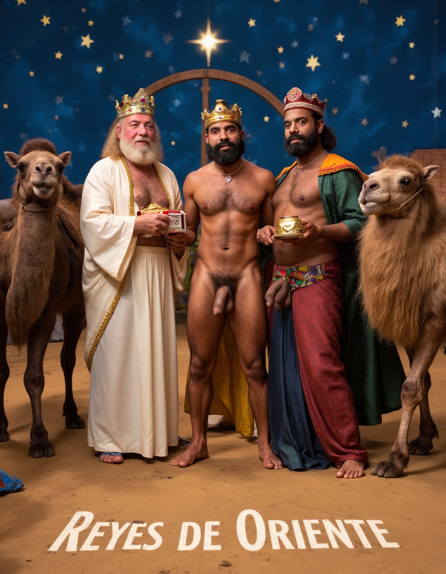 Los Reyes Magos:
Melchor es un hombre de 60 años, tiene una larga cabellera, tiene barba blanca, es de Europa. Está totalmente desnudo pero lleva corona de rey 👑, en sus manos lleva un cofre con oro. Tiene un cuerpo con músculos marcados y definidos. Tiene un pene erecto de 36 cm de longitud y 7 cm de diámetro. Tiene mucho vello corporal blanco. 💪🏼

Gaspar es un hombre de 30 años con rasgos asiáticos y una barba rubia, está totalmente desnudo pero lleva una corona de rey 👑, tiene un cuerpo atlético y vigoroso, tiene mucho vello corporal rubio, tiene una bandeja con incienso en sus manos. 👑💪🏼
Baltasar es un hombre de 45 años de edad proviene de África, tiene piel oscura, es moreno, lleva un tarro de mirra. Tiene cuerpo atlético con músculos muy marcados, tiene mucho vello negro rizado por todo el cuerpo, su cabello es abundante rizado y negro, tiene una barba negra abundante, tiene un enorme pene erecto de 40 cm de longitud y 9 cm de diámetro. 👑
En el fondo hay tres camellos y la estrella de Oriente, y muchas pequeñas estrellas de colores. En el suelo está escrito: “Reyes de Oriente” en español. Hay Roscón de Reyes 🍩. Están contentos y se cogen de la mano mientras sus penes están muy erectos. 