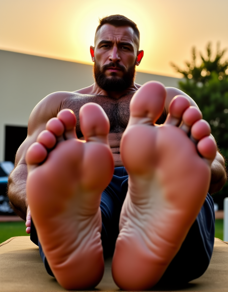 huge soles, big feet, huge feet, muscles, highly detailed soles. detailed skin. showing naked chest, male rugged beefy physique. detailed background, lying on a sun lounge outside, sunset,  masculine, 5 toes, italian man, hairy chest, 35 year old, touching his soles, mood lighting, aggressive masculine. flexing muscles.
