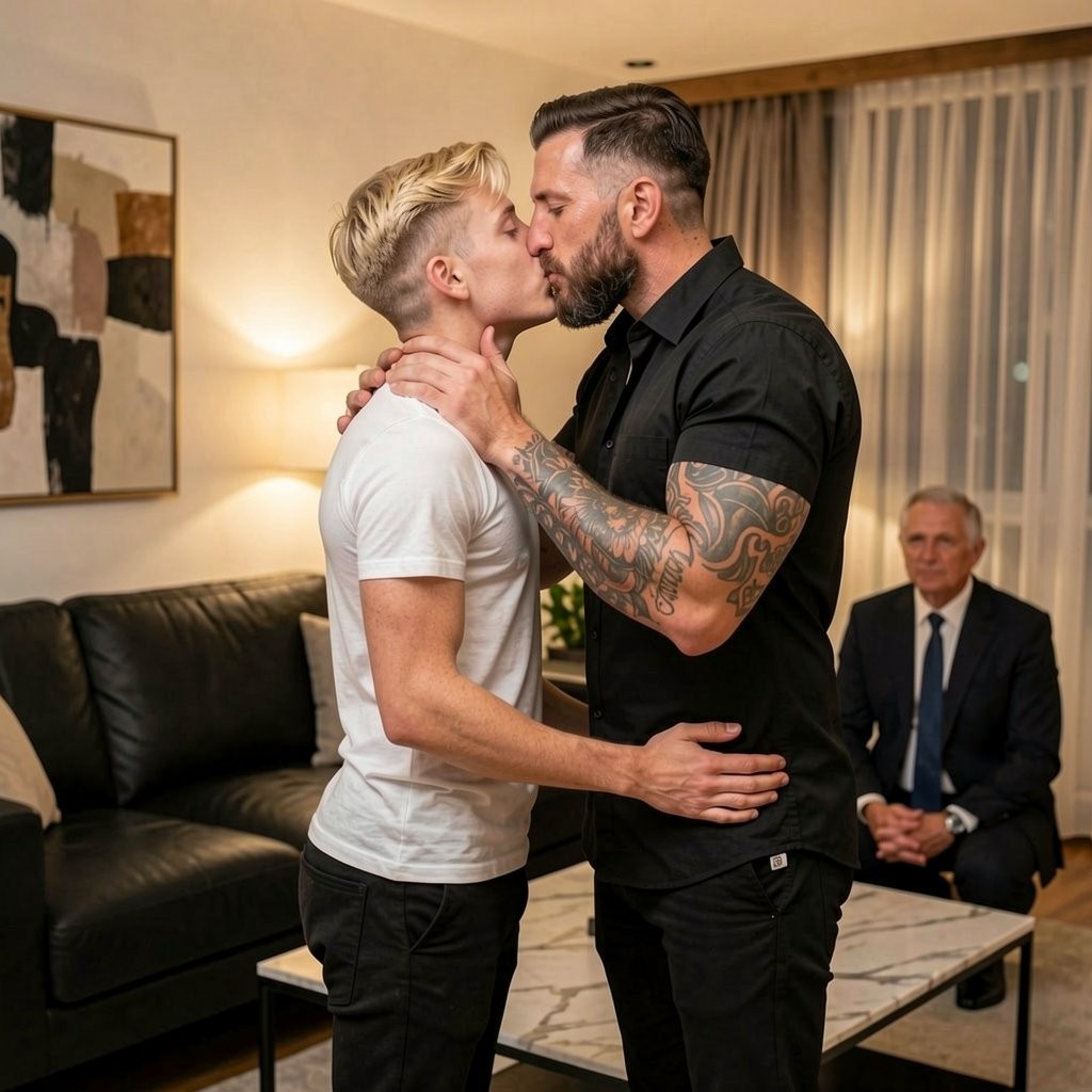 Two men are kissing while standing in a modern, warm living room, very close to each other, with an intimate and affectionate attitude. The man on the left, blond, is wearing a tight white T-shirt and dark pants, while resting one hand on the other man's waist; the man on the right, more heavily built, with a beard, slicked-back hair, a black shirt, and tattooed arms, is gently holding the back of his neck. In the background, an older man dressed in a suit and tie remains seated on a black sofa, watching the scene with a serious expression. The room has a marble table, light curtains, a lit lamp, and an abstract painting on the wall.