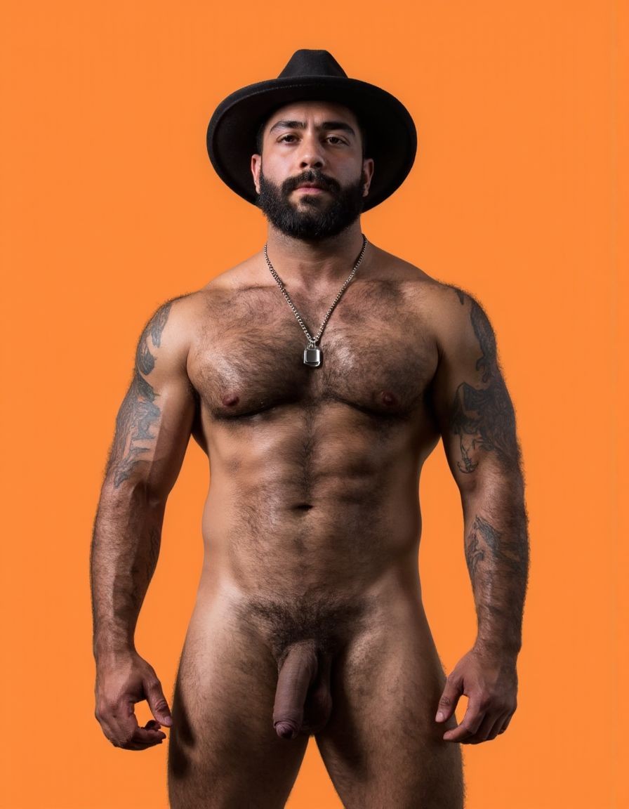 Dibujo realista. Amo barbudo tatuado e hiper masculino, muy musculoso pero muy delgado, con arnés. Tiene un gran pene eyaculando. Lleva gorra militar y unos anillos en los pezones, Un esclavo de rodillas. Respeta la forma y la proporción del cuerpo y se fiel a la forma real sin distorsiones. Fondo de color amaranto con los reflejos de las sombras de los cuerpos del amo y el esclavo. 