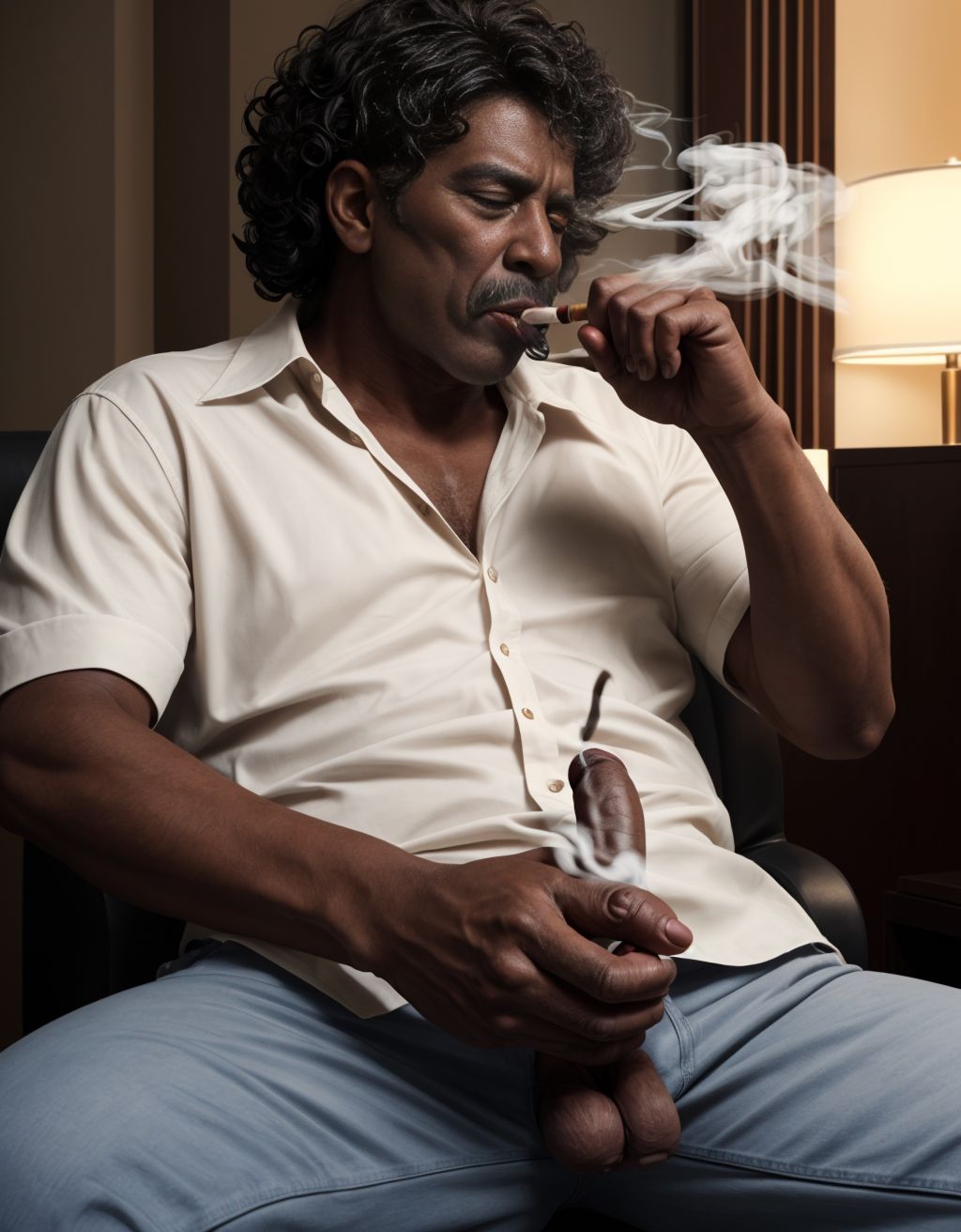 Realista. Un hombre maduro de piel morena pelo corto muy rizado. Fumando un cigarrillo y masturbandose