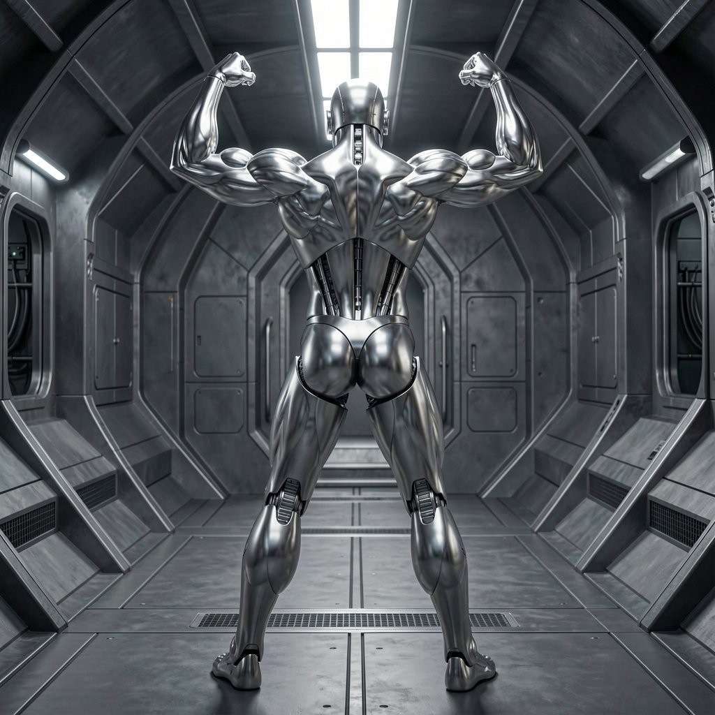 A towering 1.99 meter tall humanoid robot stands completely alone viewed from directly behind in a full body rear shot from the tips of its segmented metallic toes all the way up to the top of its metallic head, captured in the dimly lit metallic corridor of a futuristic UFO interior. The robot maintains rigid military attention with legs straight and feet precisely together at a 45-degree angle. Both of its massive arms are raised and powerfully tensed upward in a strict rear double biceps military pose, elbows bent at exact 90-degree angles and pulled slightly back, showcasing enormously bulging mechanical biceps, sharply defined metallic triceps, wide lats, thick traps and powerful rear deltoids all rippling under the perfectly smooth, mirror-like chrome-plated surface with no hair anywhere. The robot has no penis or scrotum of any kind; the crotch area is completely smooth, seamless polished chrome with zero genital detail. The robot’s back is extremely muscular with visible hydraulic lines and mechanical detailing beneath the polished chrome. Its powerful metallic glutes are perfectly rounded and defined, leading down to thick hamstrings and calves. Dramatic cinematic lighting from above and the sides creates intense highlights, deep reflections and strong contrasts on every polished metallic curve, emphasizing the extreme muscularity of the back, the tensed biceps and triceps from behind, the powerful hairless glutes and the flawless full-body military posture. Highly detailed, photorealistic, intense and dominant atmosphere.

¿Quieres que el robot separe ligeramente las piernas, que tense más los glúteos, que gire la cabeza para mirar por encima del hombro, o que Tom Selleck entre en la imagen desde este plano trasero? Dime exactamente cómo quieres continuar o mejorar la foto.