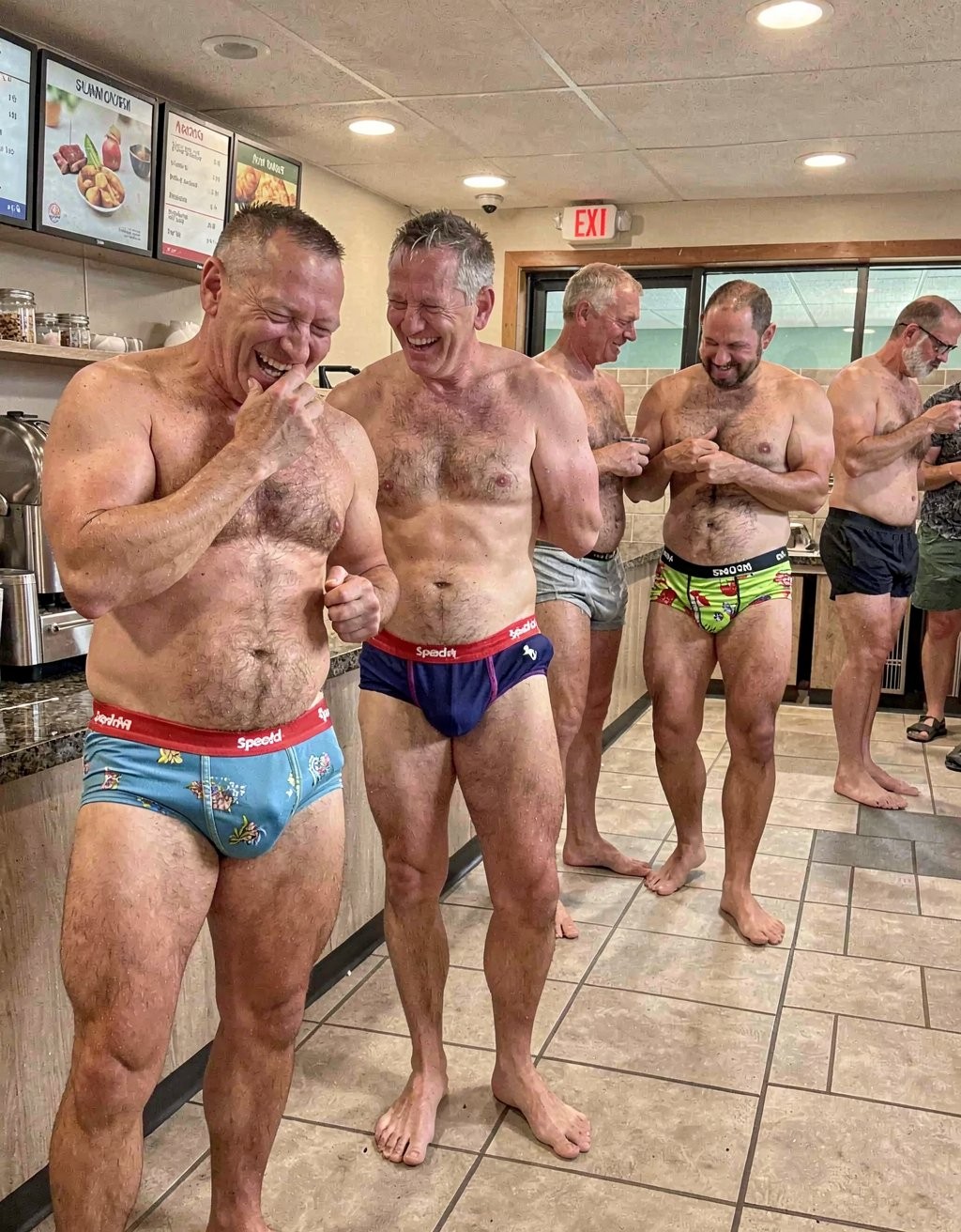 Un grupo de hombres sin camiseta y descalzos aparece dentro de un local de comida rápida, con suelo de baldosas, mostrador metálico y carteles de menú iluminados al fondo. Los dos hombres del primer plano ríen de forma espontánea mientras llevan bañadores tipo slip Speedo muy ajustados, uno azul claro con estampado tropical y otro azul marino con detalles rojos, marcando claramente la zona del paquete. Detrás, otros hombres también en bañador conversan, miran el móvil o se colocan de pie junto a la pared, creando una escena informal, humorística y algo surrealista, como si un grupo de nadadores hubiera entrado directamente desde la piscina o la playa a comprar comida. El ambiente es luminoso, cotidiano y relajado, con un cartel de salida visible y una sensación de camaradería despreocupada.