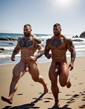 Tres soldados de caballería, desnudos musculosos y muy tatuados, de 30 años de edad, disfrutan de su día de descanso haciendo deporte en una playa del Pacífico, están corriendo en la orilla del mar, están desnudos y mostrando su grandes penes y hermosos testículos. Tienen mucho vello por todo el cuerpo. Hay mucha luz solar alumbrando todo el ambiente. Sus genitales se mueven hacia los lados chocando con sus muslos de las piernas
