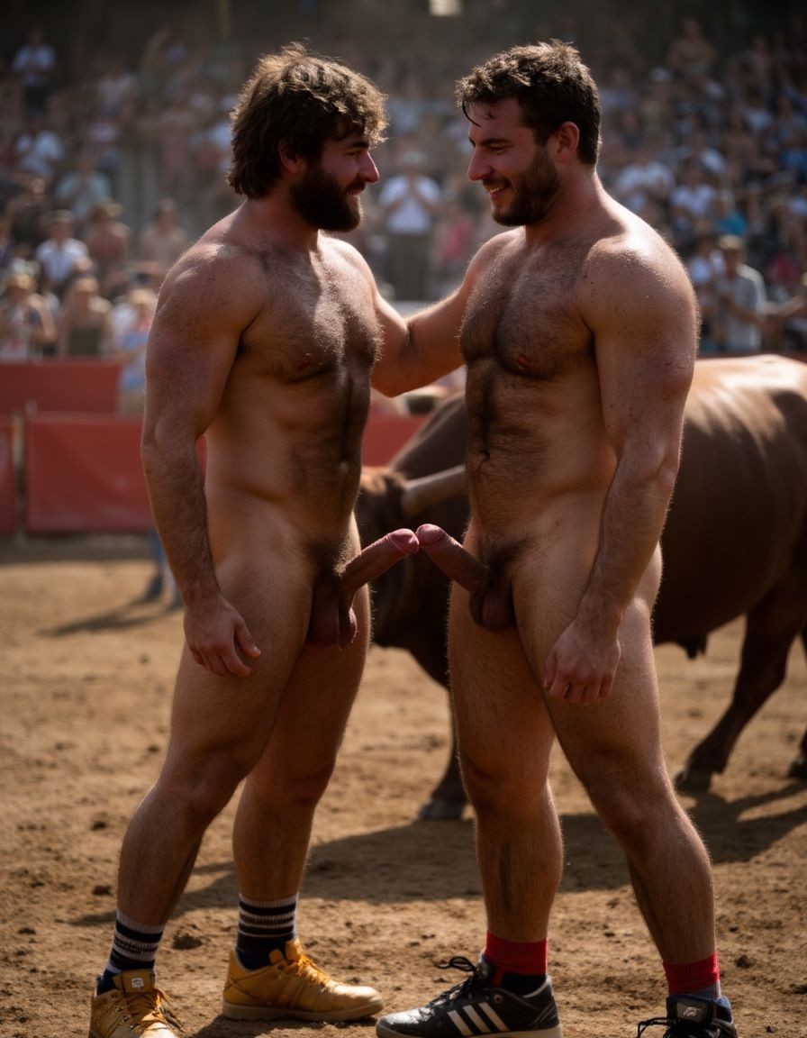 Un torero español musculoso y velludo de 50 años, con torso atlético y marcado, se muestra completamente desnudo, destacando su pene de 30 cm de longitud y 5 cm de grosor, perfectamente formado y rodeado de un denso vello púbico castaño oscuro. Sus testículos, perfectamente formados, cuelgan de forma prominente. La piel bronceada y sudorosa resalta su musculatura definida, con pectorales y abdominales bien marcados y sin grasa. El cabello largo y castaño oscuro está despeinado y sudoroso, con gotas de sudor resbalando por su frente y mejillas. Una barba incipiente y un vello corporal denso que se extiende por su pecho, piernas y brazos completan su apariencia viril. Lleva zapatillas doradas en sus pies.

A su lado, un hombre musculoso y velludo de 30 años, completamente desnudo, muestra un pene de 30 cm de longitud y 7 cm de grosor, hermoso y perfecto, rodeado de un denso vello púbico pelirrojo. Su piel bronceada y sudorosa muestra una musculatura definida, con pectorales y abdominales muy marcados. Tiene cabello pelirrojo despeinado y sudoroso. Tiene una barba pelirroja densa pero bien recortada. El vello corporal pelirrojo denso cubre su pecho, y tiene mucho vello pelirrojo en sus piernas y brazos, lo que realza su apariencia masculina y atlética. Están en la plaza de toros con un toro salvaje. Se aman

Ambos hombres se encuentran en una plaza de toros, con sombras que resaltan su musculatura y vello corporal, creando un ambiente sensual y cargado de tensión. Están en pleno acto de pasión, con sus penes erectos y testículos prominentes ,destacando su musculatura, vello corporal y atributos viriles en una imagen impactante y llena de energía. La escena está llena de sensualidad y poder, con los dos hombres como protagonistas, en un ambiente cargado de pasión y erotismo. La imagen es híper realista, con detalles de alta calidad, y muestra la unión de los dos hombres en un acto de pasión y dominio, con sus cuerpos musculosos y velludos completamente desnudos y visibles, mostrando su excitación y pasión en cada detalle. Tienen sus penes erectos. Están totalmente desnudos. Tienen un pene de 40 cm de longitud y 7 cm de diámetro. Son felices y sonríen. Amor. Se abrazan por la cintura