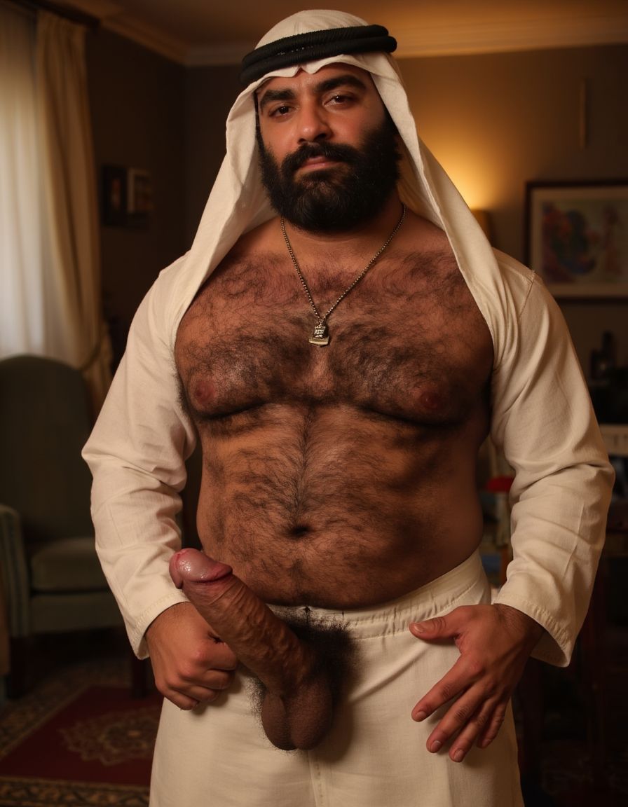 La imagen es explícita y muestra claramente el pene erecto, peludo y lleno de venas del hombre árabe. Un hombre árabe maduro de unos 50 años, con barba y bigote espesos, y un cuerpo peludo, viste un traje tradicional árabe, pero está desabrochado, mostrando su pecho velludo. Su mirada es intensa y dominante. Está de pie en una habitación lujosa con alfombras y cortinas de seda, con una iluminación cálida y sensual. La polla del maduro es gruesa de 40 cm de longitud y 8 cm de diámetro y es peluda, y está a punto de eyacular. Con sus manos por la parte inferior rodea su pene para masturbarse 