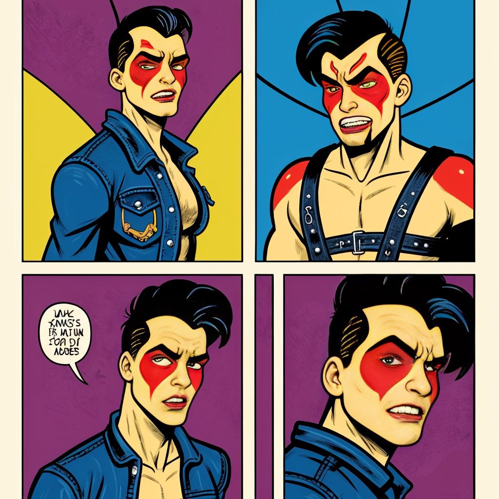 Pop art comic-style illustration divided into four panels with flat backgrounds in purple, yellow, and blue, centered on a defiant-looking man with black hair styled upward, bluish strands, and an angular red mask around his eyes. In the different scenes, he appears wearing an open blue denim jacket that reveals part of his chest, and also a black leather harness with buckles and studs over his bare torso, reinforcing a superhero, villain, or punk character aesthetic. His expression changes between a serious look, anger, and tension, with pronounced eyebrows, a defined jaw, and an intense gaze. One panel includes a speech bubble with small, illegible text, typical of graphic storytelling.