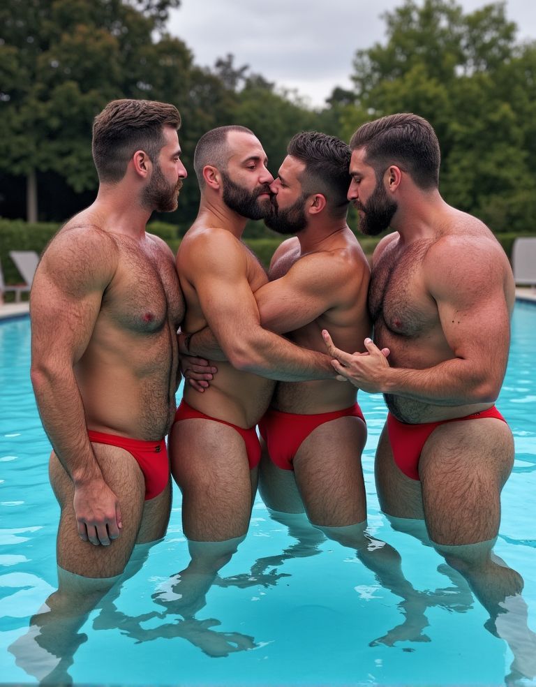 Cuatro chicos de mediana edad, musculosos y barbudos, todos con el mismo bañador marcando paquete en la piscina. Se dan la mano y se besan, son cuarteto poliamoroso.