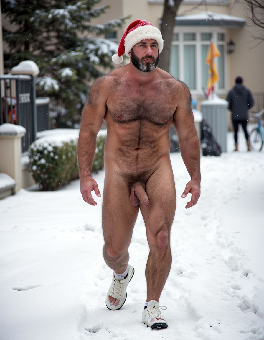 La Navidad. Papá Noel es un hombre de 35 años, atleta, delgado con músculos muy marcados y definidos, está delgado y es muy varonil, tiene barba abundante blanca abundante. Tiene el gorro de papá Noel, está totalmente desnudo enseñando su musculatura de atleta y está bronceado, está entre nieve pero no frío, tiene abundante vello blanco por todo su cuerpo que cubre sus músculos de los pectorales el abdomen y cubre sus piernas. Tiene sandalias blancas en sus pies. Tiene barba abundante blanca de papá Noel. Es el Papá Noel del año 2025, con mucha alegría y mucho sexo gay. Aspecto muy masculino, salvaje. Tiene un pene erecto de 20cm de longitud y 8cm de diámetro. Tiene barba de pelo blanco y tiene mucho vello de color blanco por todo el cuerpo. El hombre Papá Noel está delgado y musculoso y peludo, andando sobre la nieve mientras cae nieve y su pene erecto se mueve sobre sus testículos. Su pene está a la vista. Está totalmente desnudo. 