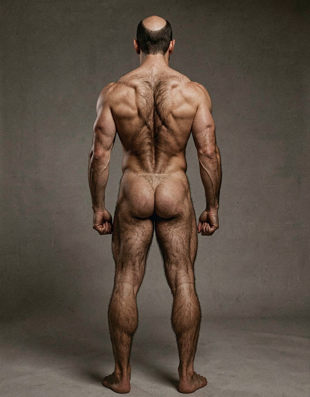 Hombre desnudo de espaldas, de pie en un estudio con fondo gris neutro, mostrando una complexión muy musculosa y definida, con espalda ancha, hombros marcados, brazos fuertes y piernas robustas. La postura es frontal respecto al fondo pero vista desde atrás, con los puños cerrados a los lados y los pies descalzos apoyados en el suelo. Destacan la calvicie en la coronilla, el abundante vello corporal en la espalda, los glúteos, las piernas y los brazos, así como la iluminación suave que resalta la anatomía, la musculatura dorsal, los omóplatos y el contorno de las nalgas en una composición sobria de fotografía de estudio.