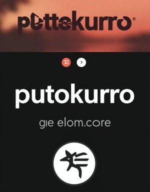 Interface-style design or digital cover with a dark background and minimalist aesthetic, divided into an upper strip with a blurred sunset in orange and reddish tones where the “pettekurro” logo appears in thick black letters, accompanied by a small registered trademark symbol. In the central area, over an almost black background, two small circular buttons stand out, one red with a white icon and another white with a black arrow pointing to the right. Below appears the main text “putokurro” in large, white, rounded typography, followed by the secondary line “gie elom.core” in light gray. At the bottom there is a white circular emblem with a dark border containing an abstract black figure similar to a star or stylized graphic symbol.