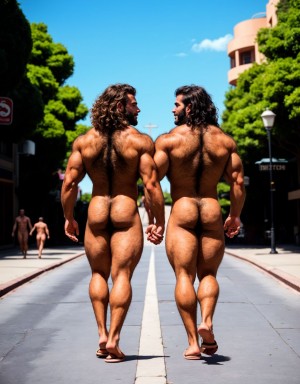 Dos hombres jóvenes desnudos musculosos y fibrosos. Tiene pene grande. Están andando por la calle. Tienen sandalias en los pies. El pene y los testículos se mueven al aire al andar. El enorme pene se dobla hacia el lado al ritmo del andar. Los testículos botan contra los muslos al andar moviéndose hacia afuera. Las manos tocan y acarician su propio pene. Tienen mucho pelo vello en el pecho. Tienen los pelos muy rizados y largos. El pelo es vaporoso y se mueve con el aire hacia adelante. 150 vello