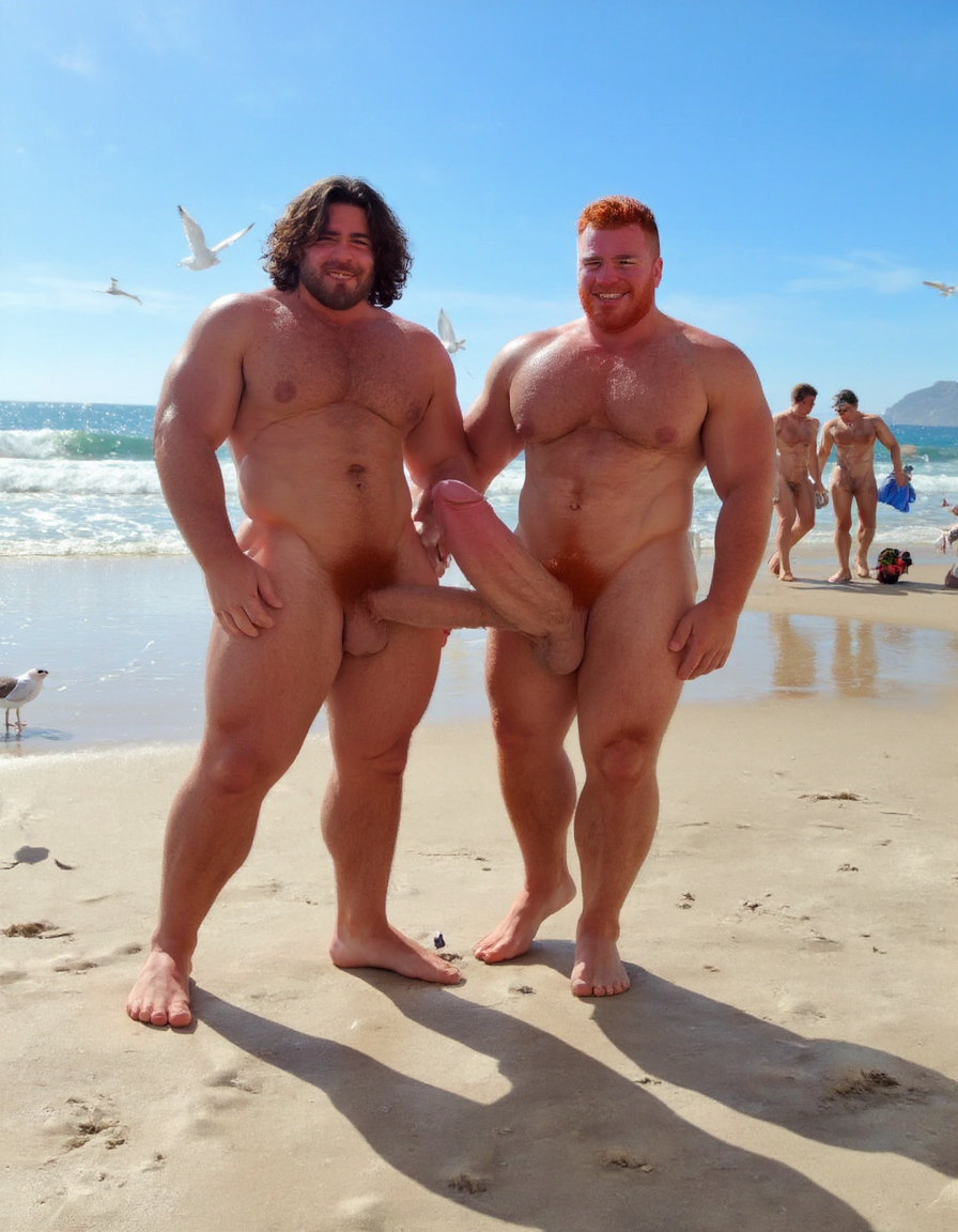 Día de Año Nuevo 2026. Dos hombres llamados Juan y Pedro, tienen los pies descalzados pero están totalmente desnudos. 

Juan es un hombre de 50 años de edad, muy atlético y tiene sus músculos muy definidos y es muy peludo, está totalmente desnudo, tiene un pene largo erecto de 36cm de longitud y 9cm de diámetro, tiene cabello negro largo ondulado y desordenado, tiene mucho vello pectoral, tiene piernas masculinas con abundante vello, tiene brazos peludos,  su cara tiene forma cuadrada tiene mentón prominente con hoyuelo muy pronunciado y muy masculino, su barba está bien afeitada y su cara está muy limpia resaltando sus facciones masculinas. 

Pedro es un hombre de 58 años de edad con músculos marcados sin grasa, está totalmente desnudo, tiene un pene largo de 39 cm de longitud y 9 cm de diámetro, tiene cabello pelirrojo rizado abundante y largo de color rojo, tiene abundante vello pelirrojo pectoral de color rojo oscuro en abundancia, tiene piernas masculinas con mucho vello, tiene brazos peludos y muy masculinos. Pedro tiene presencia atlética y es muy peludo, mucho pelo por todo su cuerpo. 

Pedro está con el esfínter del culo abierto. Juan mete su pene por el esfínter del culo de Pedro ((Imagen de alta definición, imagen calidad 4K, UHD)). Dentro del culo de Pedro está a medio meter el pene de Juan. ((Juan tiene su pene dentro del culo de Pedro)). Sexo anal duro y apasionado. Pedro está con el esfínter del culo abierto. Juan mete su pene por el esfínter del culo de Pedro ((Imagen de alta definición, imagen calidad 4K, UHD)). Dentro del culo de Pedro está a medio meter el pene de Juan. Juan tiene su pene dentro del culo de Pedro. Sexo anal duro y apasionado. ((Penetración)) penes erectos. 

Pedro y Juan enseñan sus músculos muy marcados y bien definidos, están de pie en la arena de la playa con olas azules y con el Sol reflejándose sobre el agua del mar mientras vuelan dos gaviotas. En la arena de la playa está trazado el texto: 