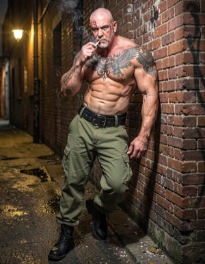 Skinhead español de 35 años, completamente rapado, piel blanca, ojos verdes penetrantes, mirada despiadada y cruel. Cuerpo musculoso y fornido, brazos gruesos con venas marcadas. Sin camiseta mostrando torso musculado con tatuajes tribales en el pecho y un águila en el hombro. Pantalón militar verde oliva con cinturón de cuero negro grueso. Botas militares negras desgastadas. Cicatriz en la ceja izquierda. Posición agresiva apoyado contra una pared de ladrillo rojo en un callejón sucio. Fumando un cigarrillo con expresión de desprecio. Iluminación de farola amarillenta creando sombras dramáticas. Ambiente nocturno urbano hostil. Estilo fotorrealista oscuro y cinematográfico. Atmósfera intimidante y violenta.