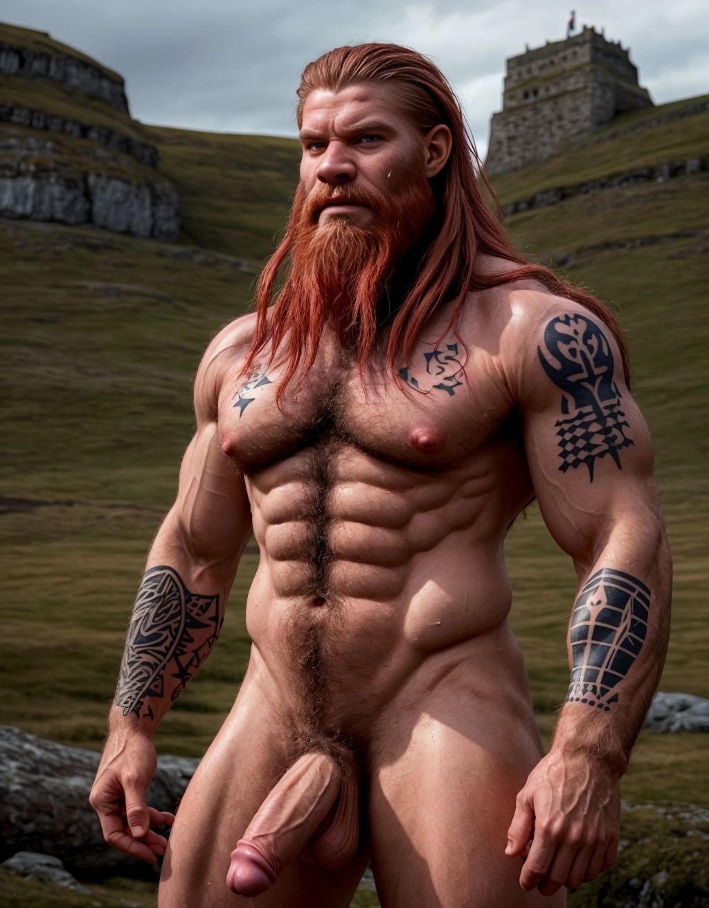 Guerrero nórdico de 30 años desnudo, de facciones hermosas, musculoso, cuerpo muy velludo, mostrando orgulloso su pene, tatuajes vikingos, barba larga, cabello rojizo, fondo de batalla medieval, armadura rota, mirada desafiante, piel sudorosa, anatomía detallada.