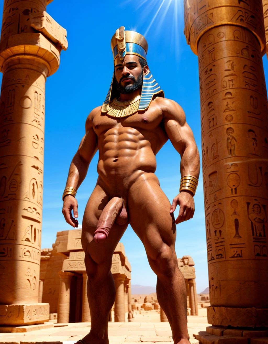 Faraón Ramsés 2 está desnudo en el Gran Templo de Abu Simbel. Tiene un pene muy grande. Tiene dos testículos grandes.  Está recibiendo un de rayo de luz del sol. En la cabeza tiene una doble corona del Alto y Bajo Egipto, el pschent. Tiene el nemes el tocado faraónico. Tiene barba recortada en forma rectangular en su barbilla de la cara. Tiene el faldellín. A su lado está la estatua de un dios llamado Re-Horackhty totalmente desnudo. Tiene sandalias de faraón. Tiene mucho vello por todo su cuerpo. A dos metros de su espalda hay un esclavo totalmente desnudo ofreciendo su pene erecto.