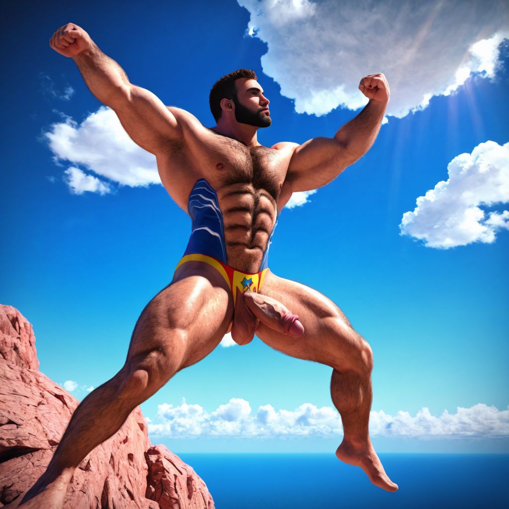 Un hombre velludo musculoso totalmente desnudo está volando acostado en horizontal como superman sobre una nube en cielo azul. Tiene pene grande y efecto.