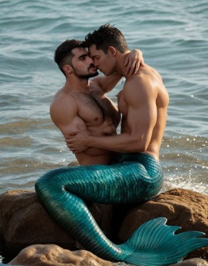 Mermaid man kissing human man