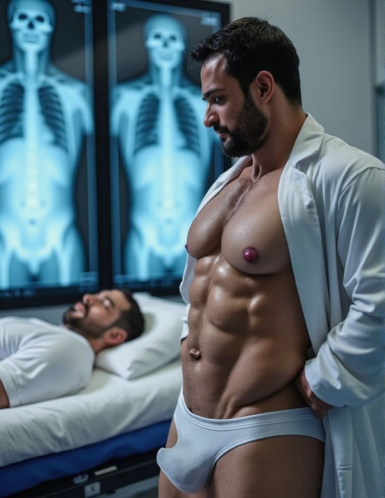 A muscular man with a beard and dark hair appears standing in a clinical room, wearing an open white coat that reveals his defined torso, chest, marked abs, and tight gray briefs, with a confident posture and his gaze directed toward a patient lying on an examination table in the background. The setting resembles a medical office or radiology room, with large illuminated screens showing full-body X-rays and skeletons in bluish tones, creating a cold, hospital-like atmosphere. The scene combines elements of a medical examination, doctor’s coat, examination table, men’s underwear, and athletic body aesthetics, with a strong contrast between the healthcare environment and the protagonist’s suggestive pose.