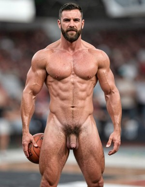 Hombre desnudo de cuerpo entero con complexión muy musculada y atlética, de pie en una cancha o entorno deportivo desenfocado, sosteniendo un balón de baloncesto con una mano junto al muslo. Tiene barba oscura, pelo corto, expresión seria y mirada directa, con torso definido, pectorales marcados, abdominales muy visibles, brazos fuertes y piernas robustas. La pose frontal deja ver claramente el vello púbico y el pene, mientras la iluminación resalta la musculatura y el aspecto de deportista o modelo fitness en un ambiente de baloncesto con fondo borroso.