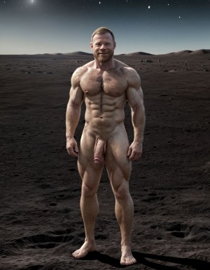 Neil Armstrong desnudo totalmente desnudo. Tiene el pecho con vello y brazos con vello. Está totalmente desnudo de pie y pisando el suelo Lunar. Está totalmente desnudo musculoso. Tiene pene grande erecto. Tiene testículos grandes. Tiene mucho vello y pelo. Foto muy realista texturas 8k. Está de pie en la Luna rodeado de arena y de la nave espacial Apolo11. Está rodeado de hombres totalmente desnudos.