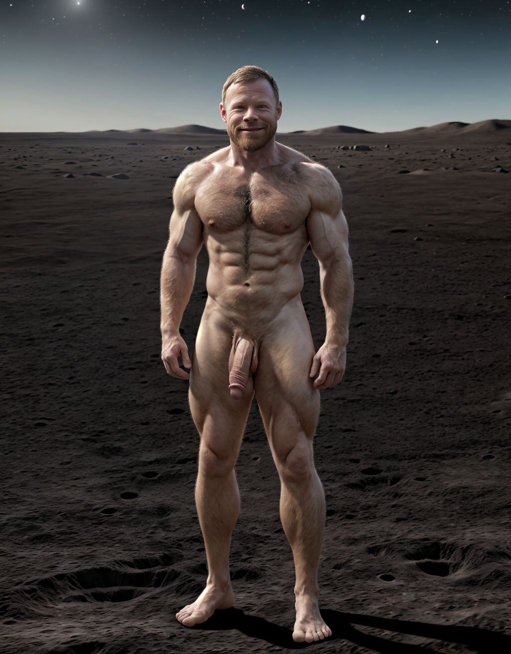 Neil Armstrong desnudo totalmente desnudo. Tiene el pecho con vello y brazos con vello. Está totalmente desnudo de pie y pisando el suelo Lunar. Está totalmente desnudo musculoso. Tiene pene grande erecto. Tiene testículos grandes. Tiene mucho vello y pelo. Foto muy realista texturas 8k. Está de pie en la Luna rodeado de arena y de la nave espacial Apolo11. Está rodeado de hombres totalmente desnudos.