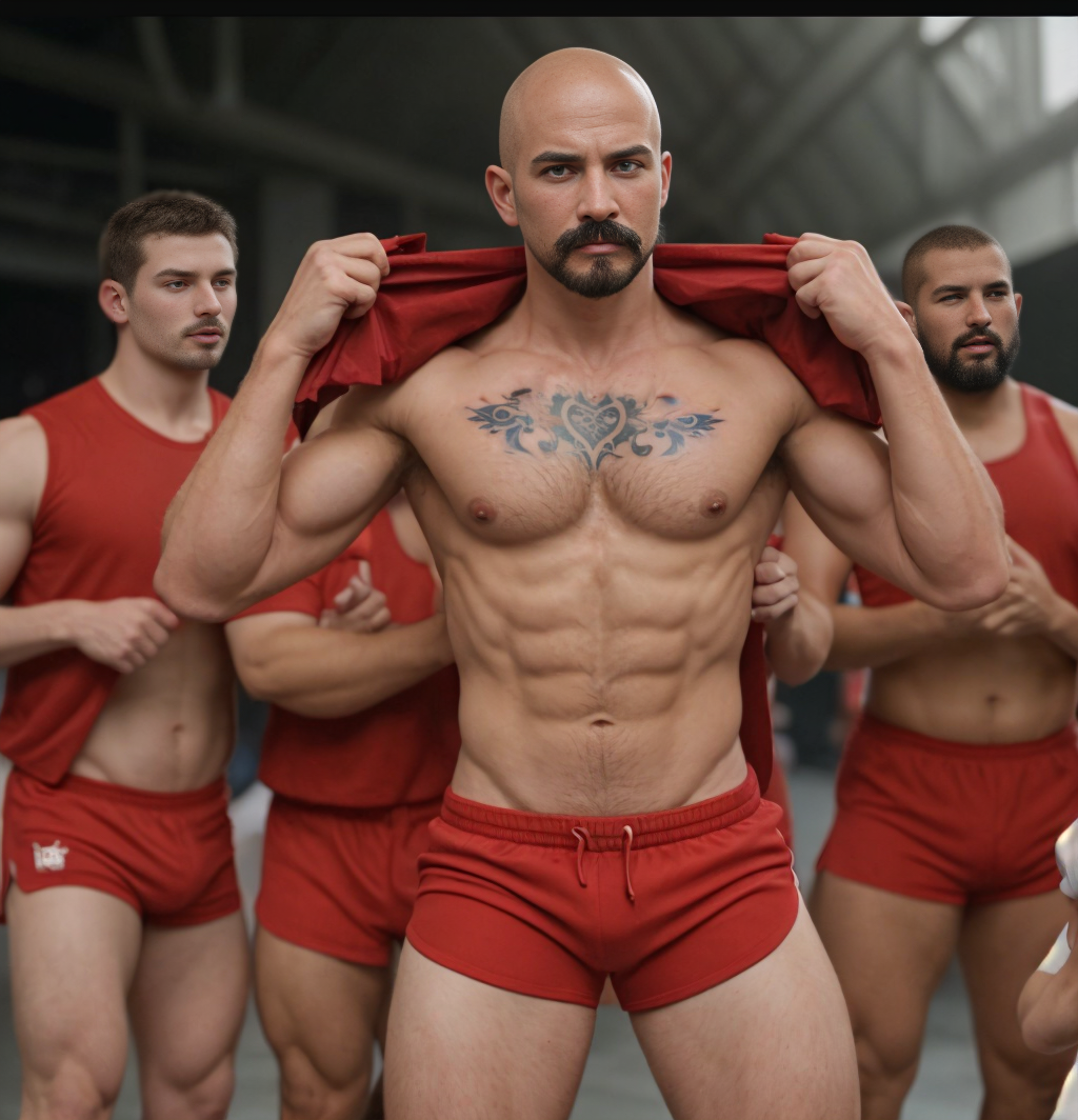 Un hombre musculoso y calvo posa en primer plano dentro de un espacio deportivo interior, levantándose una camiseta roja para dejar al descubierto el torso definido, los abdominales marcados, el pecho velludo y un tatuaje ornamental negro en la parte superior del pecho. Lleva pantalones cortos rojos ajustados con cordón, en una estética de equipo atlético o entrenamiento. A su alrededor aparecen varios hombres también vestidos de rojo, algunos con camisetas sin mangas y otros con el abdomen parcialmente descubierto, creando una escena de vestuario, gimnasio o sesión deportiva grupal con iluminación suave, fondo desenfocado y una atmósfera intensa, masculina y competitiva.