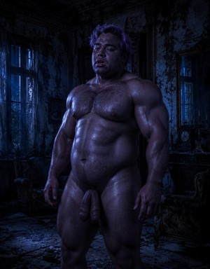 Naked man with a very muscular and bulky build, with skin shiny as if sweaty and dark bluish lighting that highlights the chest, shoulders, arms, and thighs in a gloomy environment. He is standing in an abandoned and deteriorated room, with peeling walls, tall windows, old furniture, and a gothic or decadent atmosphere. He has short hair dyed purple, eyes closed or half-closed, and a serious, almost exhausted expression. His penis and testicles are visible in the center of the composition, reinforcing the explicit nature of the frontal male nude within a dramatic, nocturnal, and theatrical scene.
