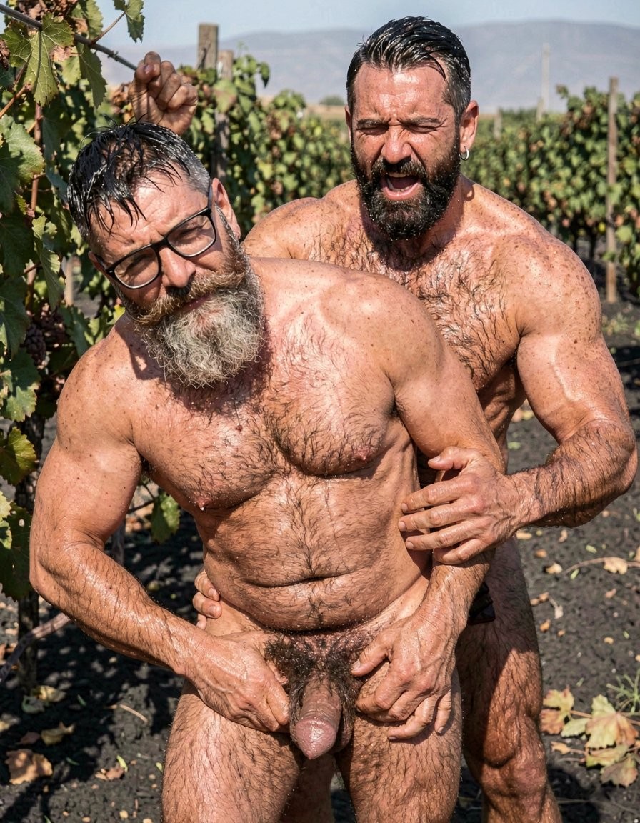 A hyper-realistic, extremely explicit full-body vertical photograph in blinding midday Mediterranean sunlight over a volcanic vineyard in Santorini, black volcanic soil between rows of Assyrtiko vines. Hipsterbarba, 45, dominant, extremely hairy with long salt-and-pepper hipster beard, black pasta-style glasses, ultra-defined fibrous vascular physique at 8% body fat, is bent forward gripping a vine, back arched, ass offered. Behind him stands Dimitris, 32, powerful Greek vineyard worker at 5% body fat, completely naked, body drenched in sweat that mats his incredibly dense black body hair from neck to toes. Short jet-black hair with shaved sides, thick connected black beard and mustache, small silver earring, predatory face with mouth open in a grunt. Dimitris has both strong calloused hands gripping Hipsterbarba’s hairy hips and is burying his massive thick veiny cock balls-deep into Hipsterbarba’s ass in one powerful thrust. The stretched hairy sphincter is visibly gripping the thick shaft, the enormous Greek cock completely disappeared inside, heavy hairy balls pressed tight against Hipsterbarba’s. Dimitris’ muscular hairy torso is pressed against Hipsterbarba’s back, sweat dripping from his dense black chest hair onto the other man. Every anatomical detail is razor sharp: individual strands of wet black body hair, bulging veins on arms and cock, muscle striations on Dimitris’ huge traps, pecs and abs, the exact moment of deep anal penetration, the stretched hole, the sweat running down hairy glutes and thighs, the raw dominant power bottoming the boss. Ultra-photorealistic, maximum detail, perfectly lit by harsh direct sunlight creating sharp specular highlights on wet skin, matted fur and stretched hole, completely uncropped vertical composition showing both men head to toe with no cropping.