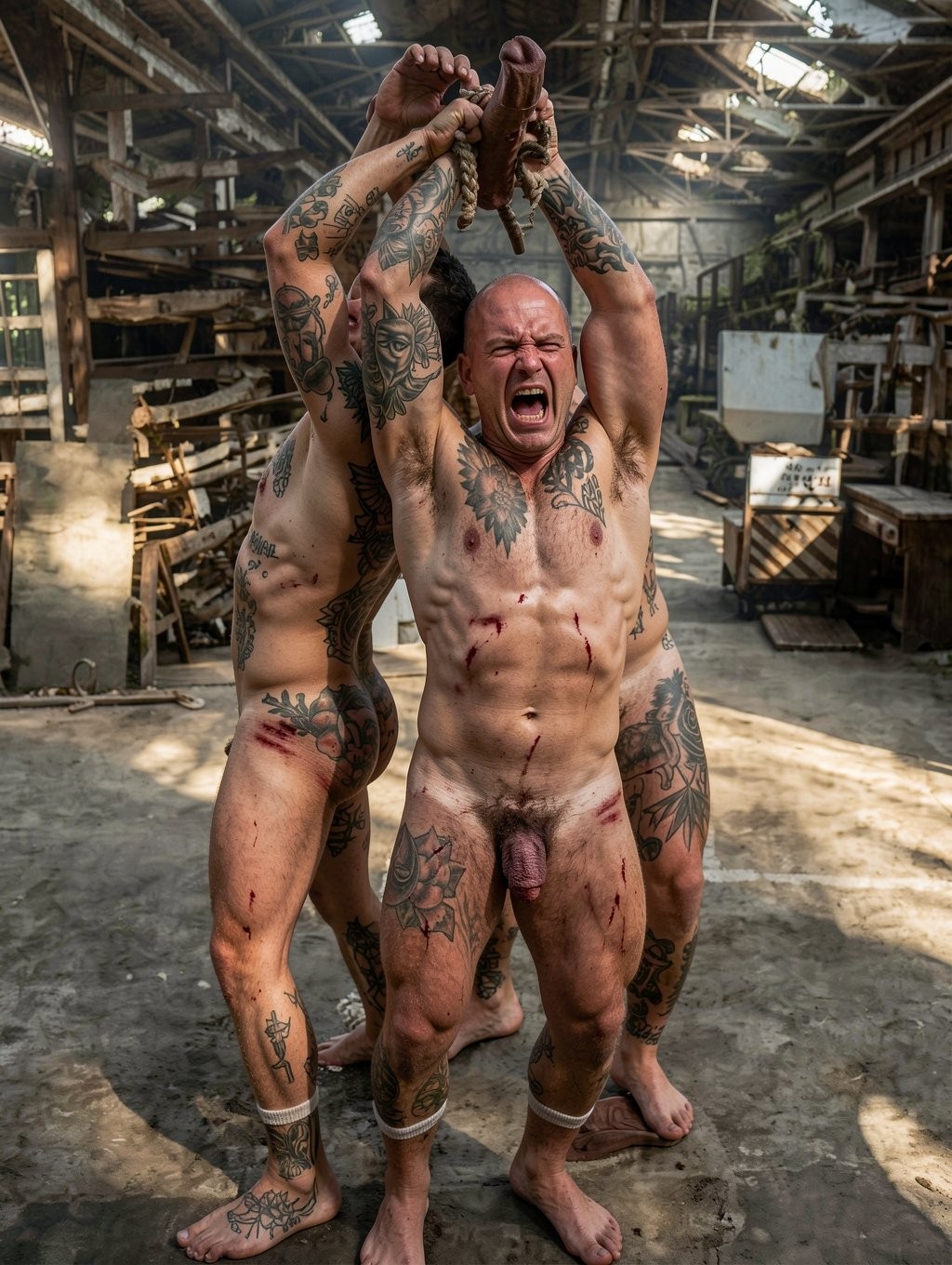 Un hombre desnudo, musculoso y cubierto de tatuajes permanece de pie en una nave industrial abandonada, gritando con gesto de dolor o rabia mientras mantiene los brazos atados y levantados sobre la cabeza con una cuerda gruesa; su pene queda visible y el cuerpo presenta arañazos, sangre y marcas recientes en el torso, abdomen y muslos. Detrás de él aparecen otros hombres desnudos y tatuados, parcialmente ocultos, también muy próximos y entrelazados por las ataduras, creando una escena intensa de dominación física, tensión y cautiverio. El entorno de fábrica ruinosa, con vigas metálicas, polvo, maquinaria vieja y luz cenital, refuerza una atmósfera cruda, agresiva y clandestina.
