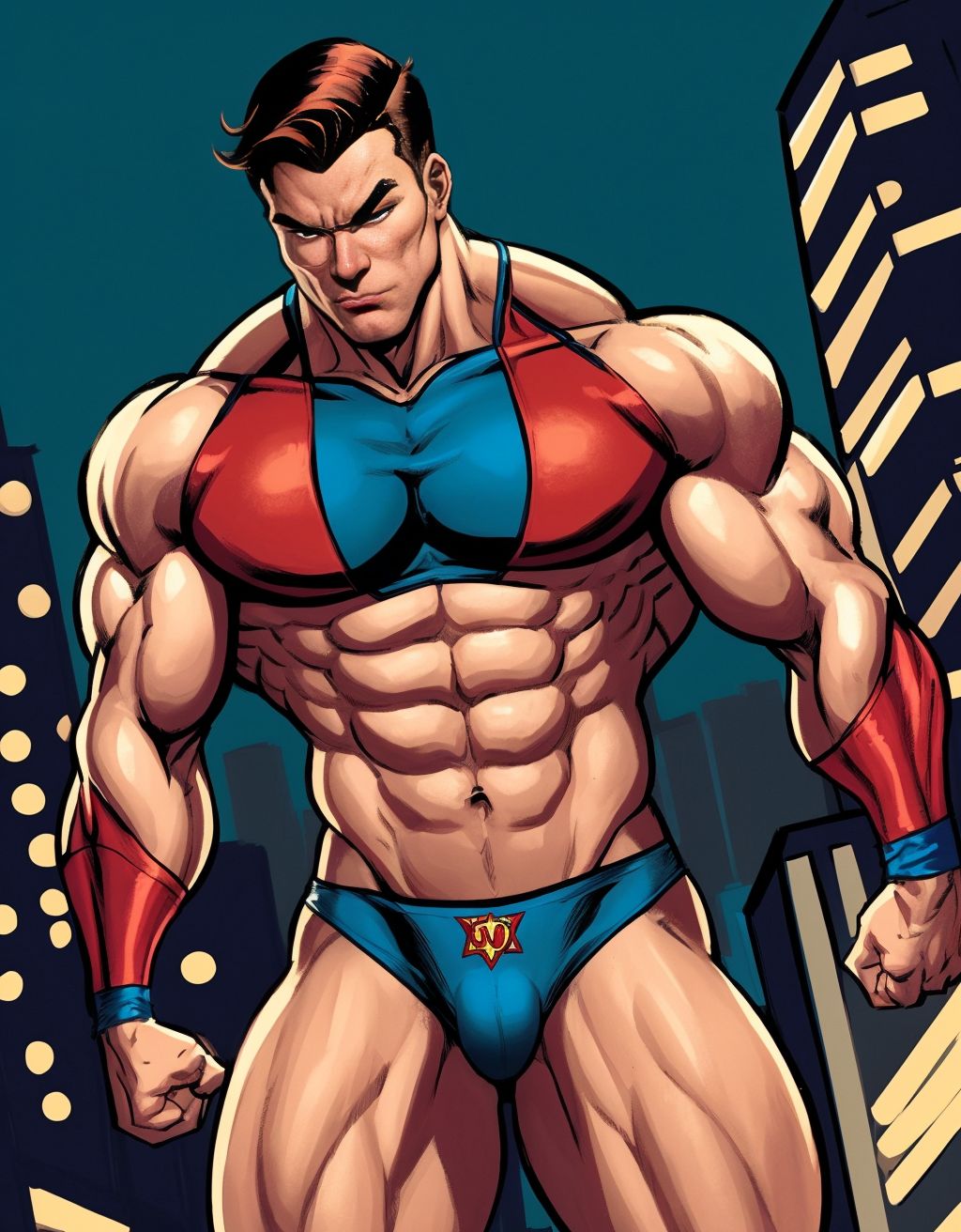Hombre musculoso, vestido con ropa interior femenina de superhéroe, lencería roja y azul, capa flotando, confiado y sensual, iluminación intensa, fondo de ciudad nocturna