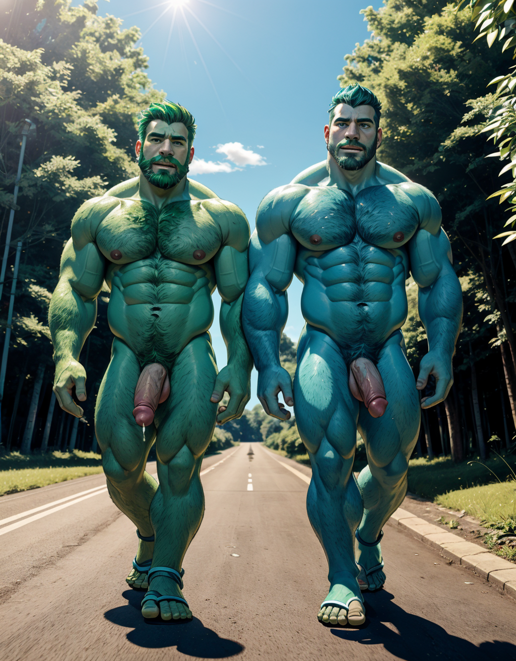 (Hombre 1 de color verde, desnudo, musculoso, tiene pene verde, tiene testículos verdes, tiene mucho vello, tiene pelo verde, tiene barba verde, tiene sandalias verdes, tiene pezones grandes largos y puntiagudos). (Hombre 2 azul, desnudo, musculoso azul, tiene pene color azul, tiene testículos color azul, tiene sandalias azules, tiene mucho vello, tiene pelo azul largo ondulado azul, tiene pezones grandes largos y puntiagudos). Los dos están andando por un camino en el campo. Sale líquido blanco por sus pezones
