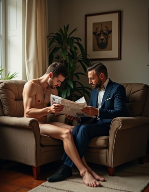 Dos hombres comparten un sofá clásico en un salón cálido y elegante, leyendo juntos un periódico abierto que cubre parcialmente el cuerpo desnudo del hombre de la izquierda. Él aparece sin camisa, con el torso descubierto, las piernas desnudas y los pies descalzos sobre la alfombra, inclinado hacia la lectura con expresión concentrada. A su lado, un hombre vestido con traje azul, camisa clara y pajarita sostiene el periódico con gesto serio y atento. La escena transmite una mezcla de intimidad, rutina doméstica y contraste visual entre desnudez y formalidad. La luz natural entra por una ventana con cortinas beige, iluminando plantas de interior, suelo de madera, un cuadro con rostro animal en la pared y un ambiente sofisticado de salón privado.