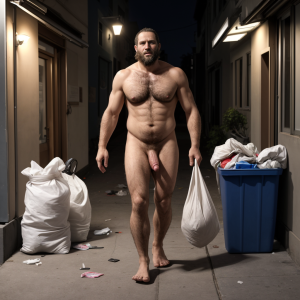 Hombre de unos 35 años , cuerpo fit, pecho un poco beludo, barbudo, camina completamente desnudo por la calle de noche. Por orden de su amo se ha quitado toda la ropa, la ha destruido con unas tijeras y la está tirando en un contenedor. Debe volver completamente desnudo, sin taparse la polla en ningun momento, desnudo donde se le indique. sin importarle quien le quiera ver.     , photorealistic
