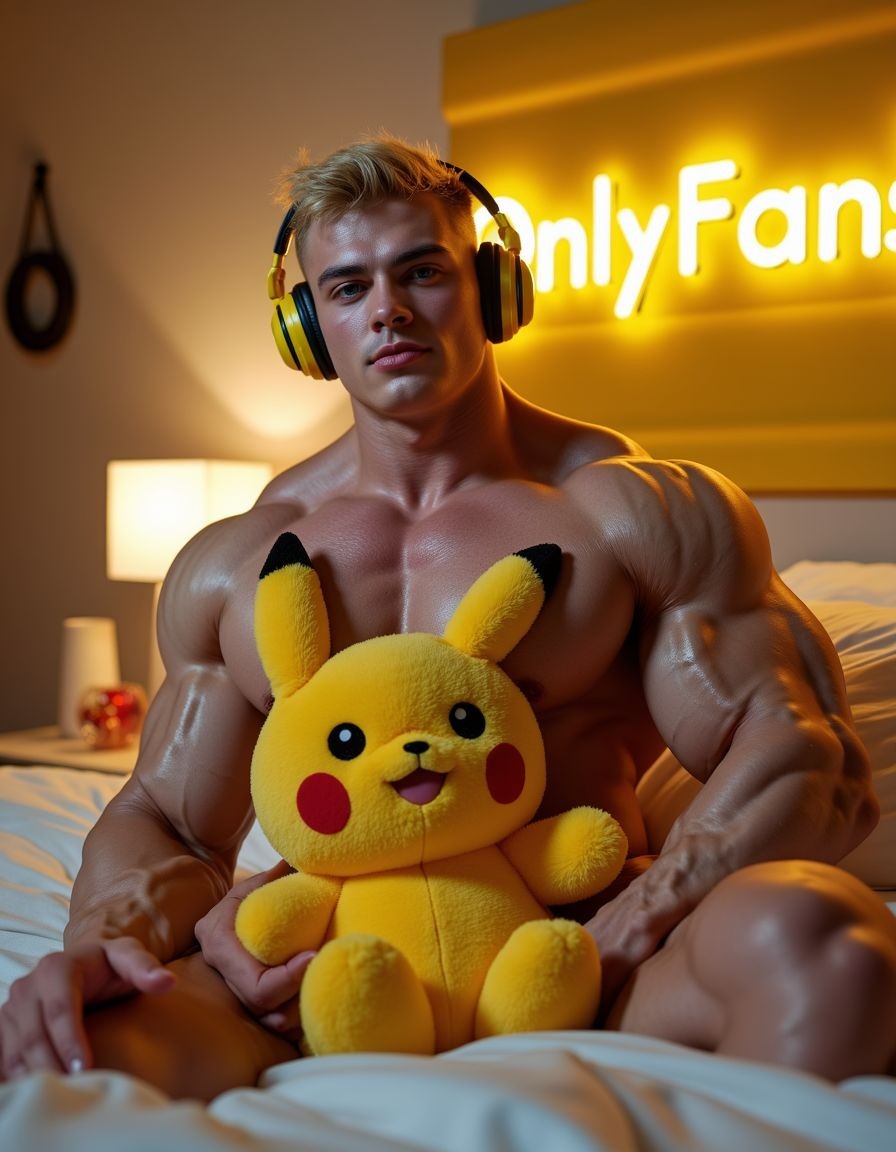 A very muscular blond man poses sitting on a bed, with a bare torso and yellow and black headphones, looking directly at the camera with a serious and confident expression. His arms, chest and abs are very defined and shine under warm bedroom lighting. Between his legs he holds a yellow Pikachu plush, placed over the crotch area, bringing a striking contrast between fitness aesthetics, sensuality and pop culture. In the background stands out a yellow luminous sign with the text “OnlyFans”, next to a bedside lamp and light bedding, creating an intimate, promotional and suggestive scene with a content creator vibe.