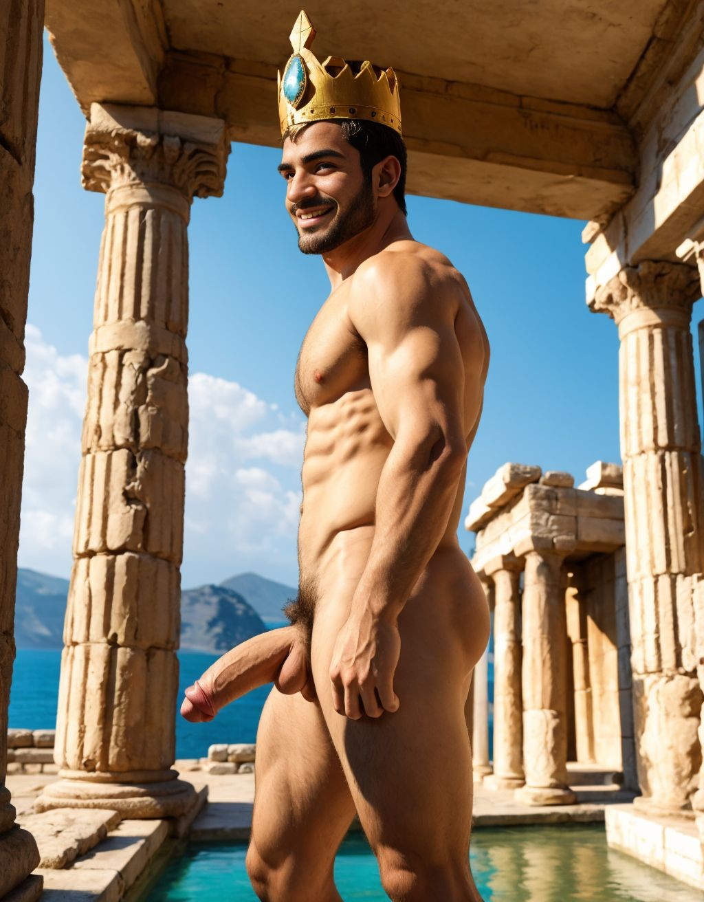 Hombre griego desnudo del siglo 1, sonriente, con corona de oro y diamantes, pene grande eyaculando semen blanco, testículos peludos, inclinado, enseñando ano, señalando pene con dedo índice, mirando hacia atrás, dedo dentro del ano, entre casas antiguas.