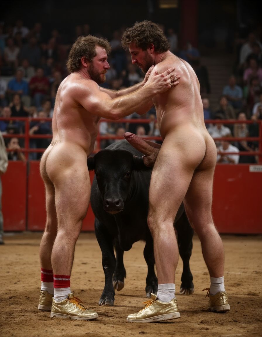 Un torero español musculoso y velludo de 50 años, con torso atlético y marcado, se muestra completamente desnudo, destacando su pene de 30 cm de longitud y 5 cm de grosor, perfectamente formado y rodeado de un denso vello púbico castaño oscuro. Sus testículos, perfectamente formados, cuelgan de forma prominente. La piel bronceada y sudorosa resalta su musculatura definida, con pectorales y abdominales bien marcados y sin grasa. El cabello largo y castaño oscuro está despeinado y sudoroso, con gotas de sudor resbalando por su frente y mejillas. Una barba incipiente y un vello corporal denso que se extiende por su pecho, piernas y brazos completan su apariencia viril. Lleva zapatillas doradas en sus pies.

A su lado, un hombre musculoso y velludo de 30 años, completamente desnudo, muestra un pene de 30 cm de longitud y 7 cm de grosor, hermoso y perfecto, rodeado de un denso vello púbico pelirrojo. Su piel bronceada y sudorosa muestra una musculatura definida, con pectorales y abdominales muy marcados. Tiene cabello pelirrojo despeinado y sudoroso. Tiene una barba pelirroja densa pero bien recortada. El vello corporal pelirrojo denso cubre su pecho, y tiene mucho vello pelirrojo en sus piernas y brazos, lo que realza su apariencia masculina y atlética. Están en la plaza de toros con un toro salvaje. Se aman

Ambos hombres se encuentran en una plaza de toros, con sombras que resaltan su musculatura y vello corporal, creando un ambiente sensual y cargado de tensión. Están en pleno acto de pasión, con sus penes erectos y testículos prominentes ,destacando su musculatura, vello corporal y atributos viriles en una imagen impactante y llena de energía. La escena está llena de sensualidad y poder, con los dos hombres como protagonistas, en un ambiente cargado de pasión y erotismo. La imagen es híper realista, con detalles de alta calidad, y muestra la unión de los dos hombres en un acto de pasión y dominio, con sus cuerpos musculosos y velludos completamente desnudos y visibles, mostrando su excitación y pasión en cada detalle. Tienen sus penes erectos. Están totalmente desnudos. Tienen un pene de 40 cm de longitud y 7 cm de diámetro. Son felices y sonríen. Amor. Se abrazan por la cintura con fuerza y pasión, están muy juntos. Sexo muy fuerte.