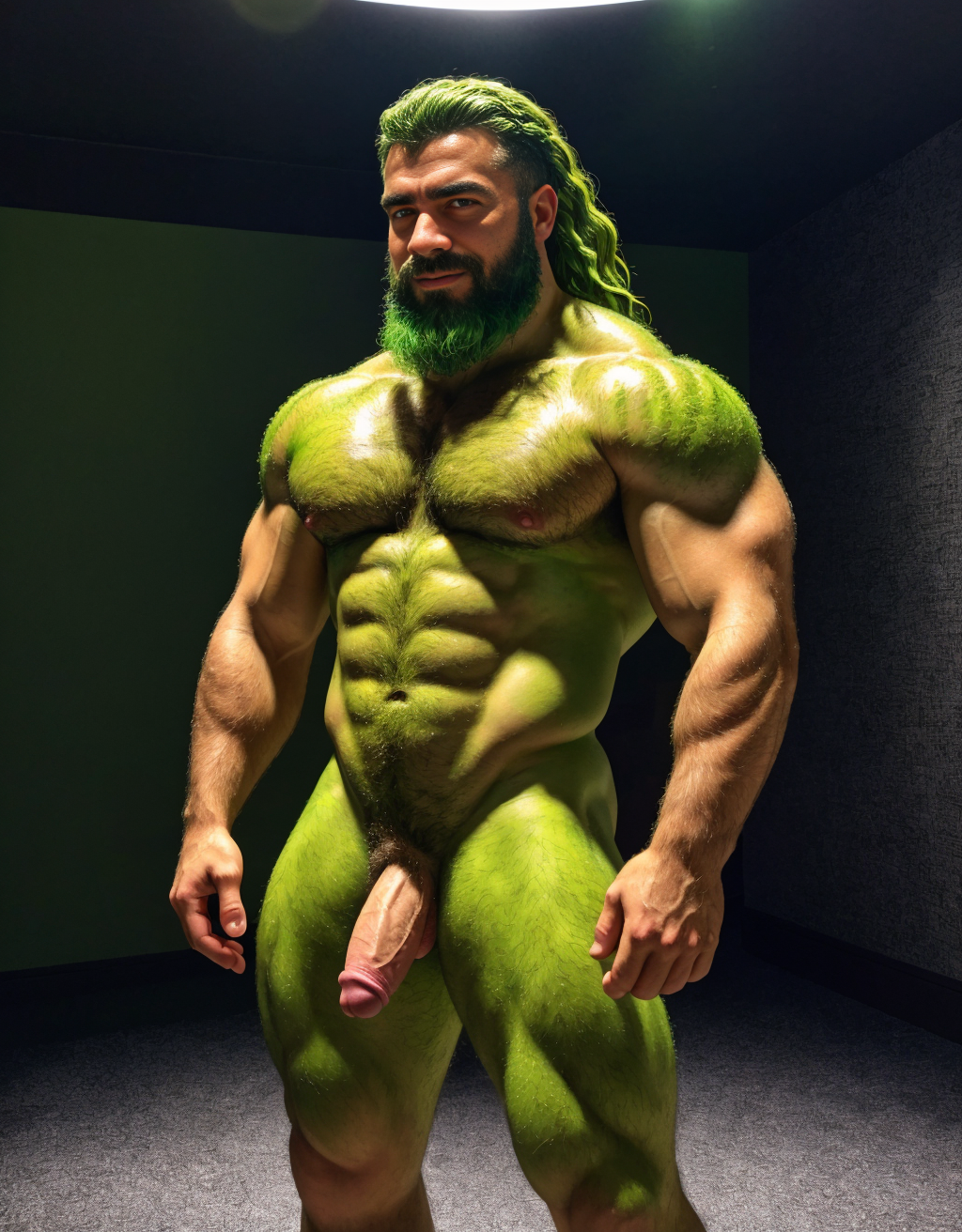Hombre de color verde desnudo musculoso, tiene pene verde, tiene testículos verdes. Tiene mucho vello. Tiene pelo verde. Tiene barba verde. Tiene sandalias verdes. Tiene pezones grandes largos y puntiagudos.