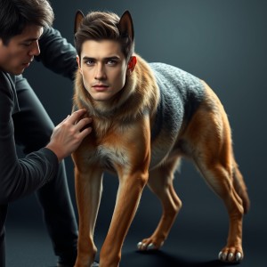 Photorealistic render, high-detail realism, fantasy-inspired hybrid creature, handsome 21-year-old human male face with chiseled features and short stylish hair, merged with the body of a muscular dog, possibly a German Shepherd or Labrador, with a thick furry coat, standing on all fours, human eyes with a hint of canine intensity, nose and mouth still distinctly human, dog ears perked up and alert, human skin tone blending seamlessly into the dog's fur, intricate textures and shading, cinematic lighting, dynamic pose, confident expression, emphasizing the fusion of human and canine characteristics, detailed background with subtle gradients and shadows, high-resolution rendering, focus on the unusual yet fascinating hybrid anatomy. Another man is petting him.
