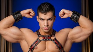 A muscular man resembling a jigsaw puzzle, wearing a tantalizing harness that accentuates his physique. His body is covered in intricate, colorful puzzle piece designs, with some pieces slightly detached to reveal his smooth skin beneath. The setting is a dimly lit room filled with soft, ambient light, where shadows play dramatically across his form. He strikes a provocative pose, exuding confidence and allure.