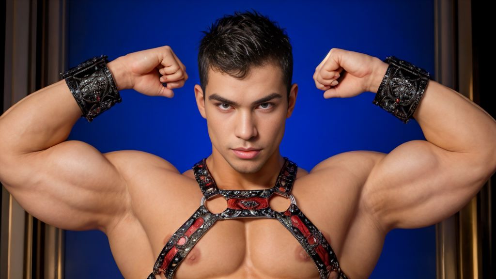 A muscular man resembling a jigsaw puzzle, wearing a tantalizing harness that accentuates his physique. His body is covered in intricate, colorful puzzle piece designs, with some pieces slightly detached to reveal his smooth skin beneath. The setting is a dimly lit room filled with soft, ambient light, where shadows play dramatically across his form. He strikes a provocative pose, exuding confidence and allure.